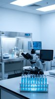 Modern laboratory interior with microscope and test tubes for scientific research and medical analysis in sterile clinical environment.
