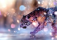 Mystical leopard with glowing particles and bokeh effects in purple and blue tones against blurred background, creating magical wildlife art atmosphere.