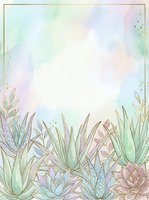 Pastel watercolor background with succulents and aloe plants, gold frame border, soft mint pink tones, copy space for wedding or greeting card design.