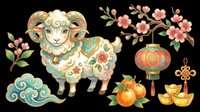 Decorative ram with ornamental horns and floral patterns, alongside Asian-inspired design elements including lantern, oranges, coins, and flowering branches. Isolated on transparent background, ready for t-shirts, clipart, stickers, and print-on-demand projects.