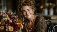 Happy blonde woman arranging autumn chrysanthemum flowers in cozy kitchen interior. Seasonal home decoration and floral design concept for fall lifestyle.