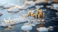 Golden coins stacked as city buildings on financial chart background with stock market graph lines, business concept for wealth growth and investment.