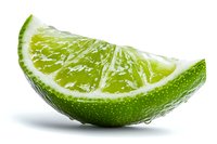 Fresh juicy lime wedge with water drops on white background, bright green citrus slice showing detailed pulp texture and rind isolated for food photography.