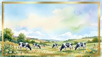 Herd of black and white dairy cows grazing in lush green pasture under cloudy sky with rolling hills and trees in countryside landscape setting.