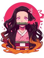 Young woman in pink kimono with bamboo mouthpiece, long dark flowing hair and bright eyes against circular background with flame elements. Anime style character art.