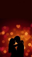 Romantic couple silhouette embracing against warm bokeh background with glowing heart shapes for Valentine's Day and love themed designs.