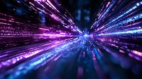 Abstract light trails in purple and blue creating dynamic motion effect with radial blur and bokeh particles, futuristic technology concept background.