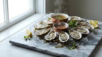 Fresh oysters on crushed ice arranged on a marble board with dipping sauces and lemon wedges, served near a bright window.