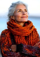 Elegant senior woman with silver hair wearing orange knitted scarf smiling while looking up at sunset light, expressing joy and contentment in outdoor setting.