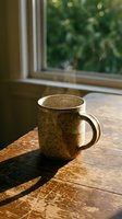 Rustic ceramic mug with speckled glaze sitting on wooden table by window with natural sunlight and blurred green foliage background. Perfect for beverage, lifestyle, and home decor projects.