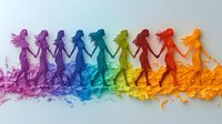 Colorful paper cut silhouettes of women holding hands in rainbow sequence, symbolizing unity, diversity, and female empowerment.