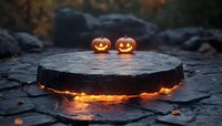 Glowing jack-o-lanterns on dark stone altar with mystical light emanating from beneath, creating spooky Halloween atmosphere in forest setting.