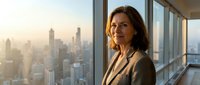 Mature woman with brown hair and light skin tone wearing a beige blazer stands by floor-to-ceiling windows in a high-rise office, gazing at the cityscape below during golden hour. Corporate professional, business executive, or entrepreneur in modern workplace setting.