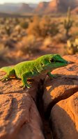 Bright green lizard perched on rocky desert terrain with cacti and mountains in warm golden sunlight, suitable for wildlife, nature, and desert ecosystem content.