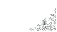Business growth concept with gears, charts, plants and dollar signs in decorative corner design on white background for presentations and marketing materials.