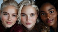 Three diverse young women with natural makeup showcasing different skin tones and beauty styles in close portrait composition for cosmetics and skincare campaigns.