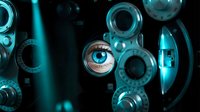 Human eye with blue iris surrounded by mechanical gears and cogs on dark background, representing artificial intelligence, technology integration, and digital innovation for futuristic concepts.