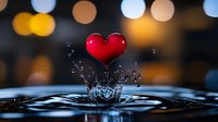 Red heart shape splashing in water with bokeh lights background creating romantic mood and water crown effect with droplets frozen in motion.