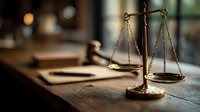 Golden scales of justice on wooden desk with gavel and legal documents in blurred courtroom background for law firm branding and legal services marketing.