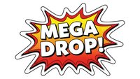 Comic book style burst with mega drop text in bold white letters on red and yellow starburst background isolated on white for promotional design.