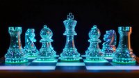 Glowing chess pieces in neon blue and orange colors arranged on illuminated surface create dramatic contrast and strategic game concept for business presentations.