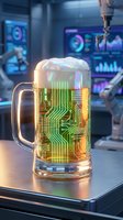 Futuristic beer mug with glowing circuit board patterns in high-tech laboratory setting with holographic displays and digital interfaces in background.