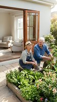 Happy senior Caucasian couple gardening together on patio with raised beds, enjoying retirement lifestyle outdoors at modern home with open doors.