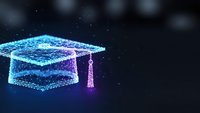 Digital graduation cap made of glowing blue particles on dark background with bokeh lights for education and achievement concepts.