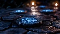 Glowing magical rune stone on wet cobblestone path at night, mysterious blue light emanating from ancient mystical symbols in dark atmosphere.