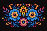 Vibrant folk art floral composition with blue, yellow and pink flowers on black background, featuring symmetrical arrangement and decorative leaves. Traditional style pattern.