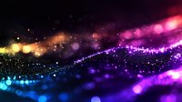 Vibrant abstract background with glowing particles and bokeh effect in rainbow colors from blue to purple and orange, flowing wave design on dark backdrop.