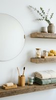 Minimalist bathroom interior with round mirror, wooden floating shelves, eucalyptus branches in ceramic vases, folded towels and natural spa accessories on white wall.