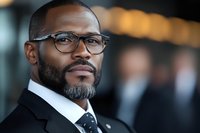Confident African American businessman wearing glasses and suit, with well-groomed beard, photographed in professional corporate environment with soft bokeh background.