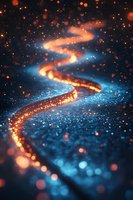 Glowing orange spiral path winding through dark blue sparkling surface with floating light particles and bokeh effects creating magical atmosphere.
