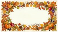 Autumn harvest frame with pumpkins, fall leaves, berries and seasonal produce arranged on cream background, isolated and ready for design use.