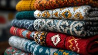 Stack of folded cozy winter sweaters with traditional nordic patterns in red, gray, teal and mustard yellow colors, close up view showing knitted texture details.