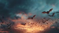 Dramatic flock of birds flying against moody sunset sky with dark storm clouds and golden light breaking through for nature and wildlife themes.