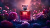 Luxury perfume bottle surrounded by vibrant purple and pink flowers in dreamy atmospheric lighting for cosmetics and fragrance marketing campaigns.