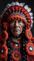 Mature indigenous person wearing traditional ceremonial headdress with orange and blue crochet details, white feathers, and braided black hair against dark background.