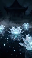 Mystical crystal lotus flowers floating on dark water with glowing particles and ancient temple silhouette creating magical spiritual atmosphere.