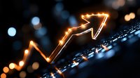 Glowing upward arrow trend line with bokeh lights on dark background represents business growth, financial success and positive market dynamics.
