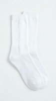 Pair of plain white crew socks with ribbed cuff, isolated on light background, classic everyday cotton ankle hosiery for men and women.