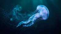 Luminous jellyfish glowing with ethereal blue and purple light floating gracefully through dark ocean depths with sparkling particles and marine magic.