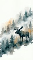 Watercolor moose silhouette in misty forest with evergreen trees and soft atmospheric background for nature-themed designs and wilderness decor.