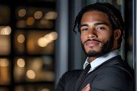 Young African American businessman with braided hair and beard wearing black suit and tie, confident pose against blurred bokeh background, professional portrait.