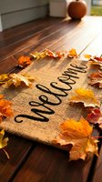 Burlap welcome mat on wooden porch surrounded by colorful autumn leaves, with a pumpkin in background, cozy fall home decor.