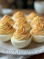 Deviled eggs with creamy mustard filling piped into white halves, garnished with paprika powder, arranged on decorative plate for appetizers and entertaining.
