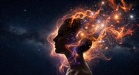 Woman silhouette with cosmic energy flowing from head against starry space background representing consciousness, creativity and mental power.