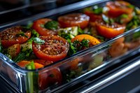 Fresh roasted vegetables with tomatoes and herbs in glass baking dish ready for healthy dinner meal prep cooking.