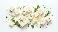 Cubed white cheese with fresh rosemary sprigs, olive oil drops, and black pepper on white background, perfect for food styling and culinary design projects.